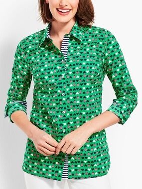 Talbots Ladybug Heart Button Front Shirt Size XL Green